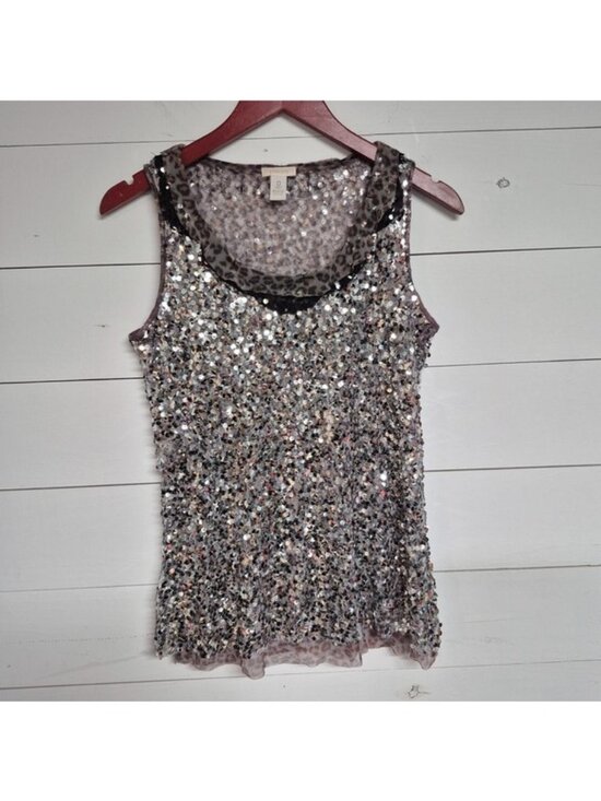 Chico's Tops - Chicos Silver Sequin Tank Top With Leopard Print Collar Womens Size 0 Sparkly Pa